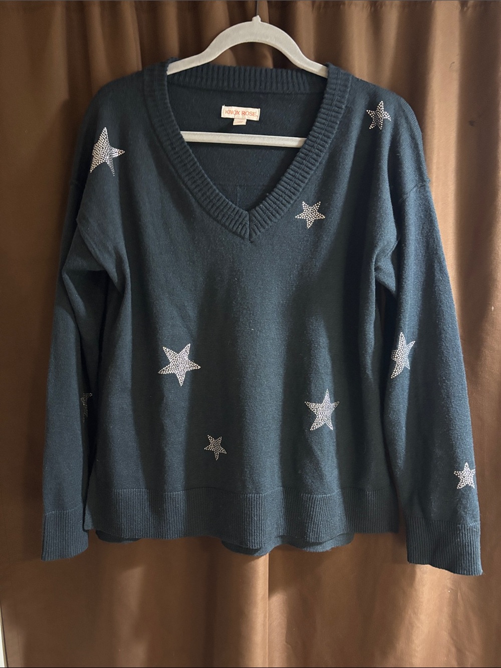 Knox Rose Navy V-Neck Sweater with Silver Star Accents